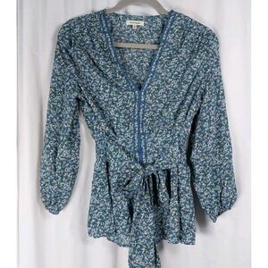 Max Studio Blue Floral 3/4 Sleeve Waist Tie Blouse Top Sz Small Smocked Waist‎